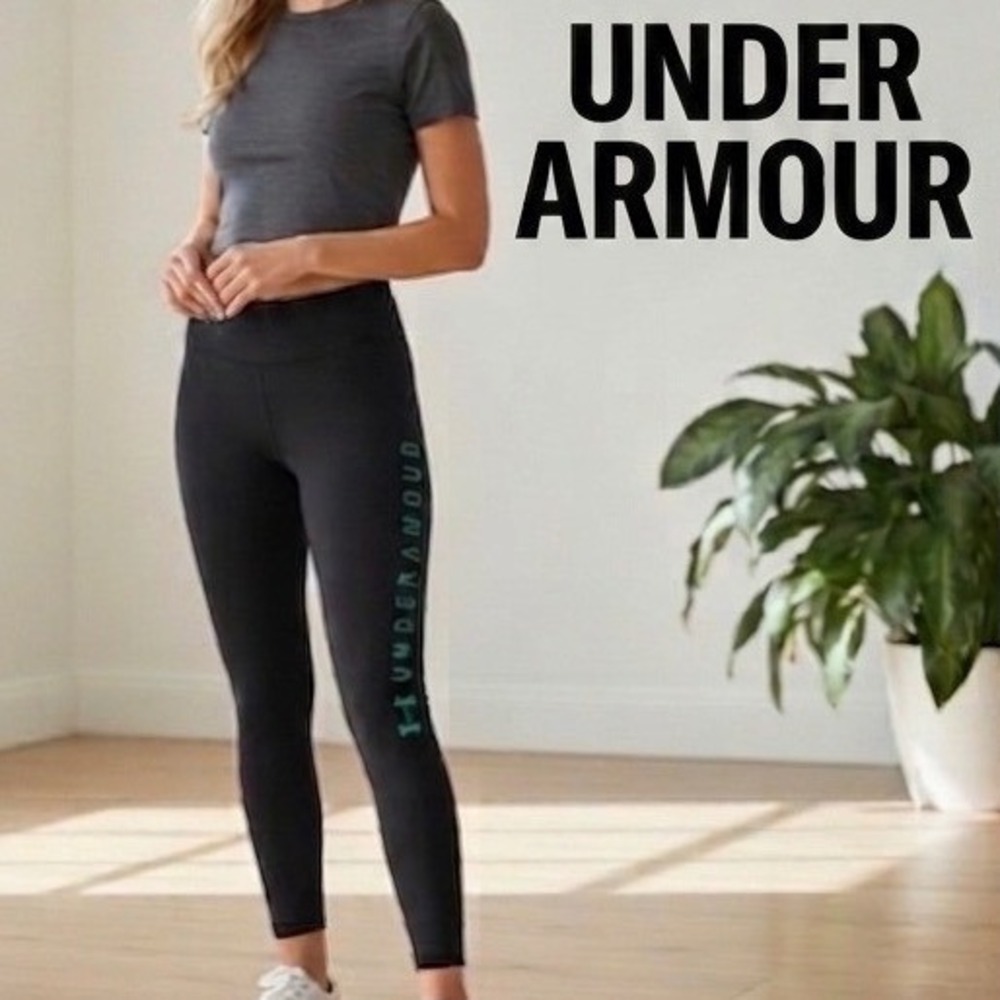 Under Armour Womens HeatGear Compression Leggings Black Teal‎ Logo Size Medium